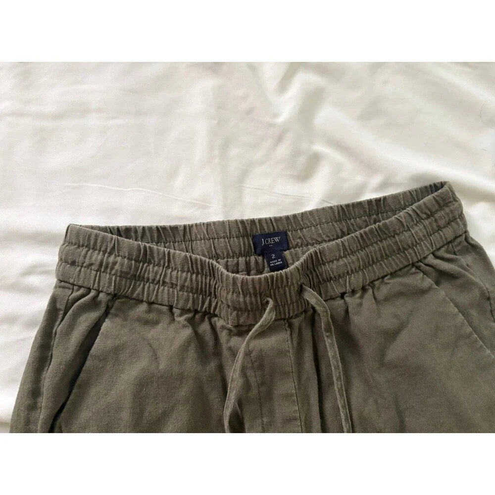 J.Crew Linen Blend Pull On Crop Pants Womens Sz 2 Green/OlivePockets Boho Casual